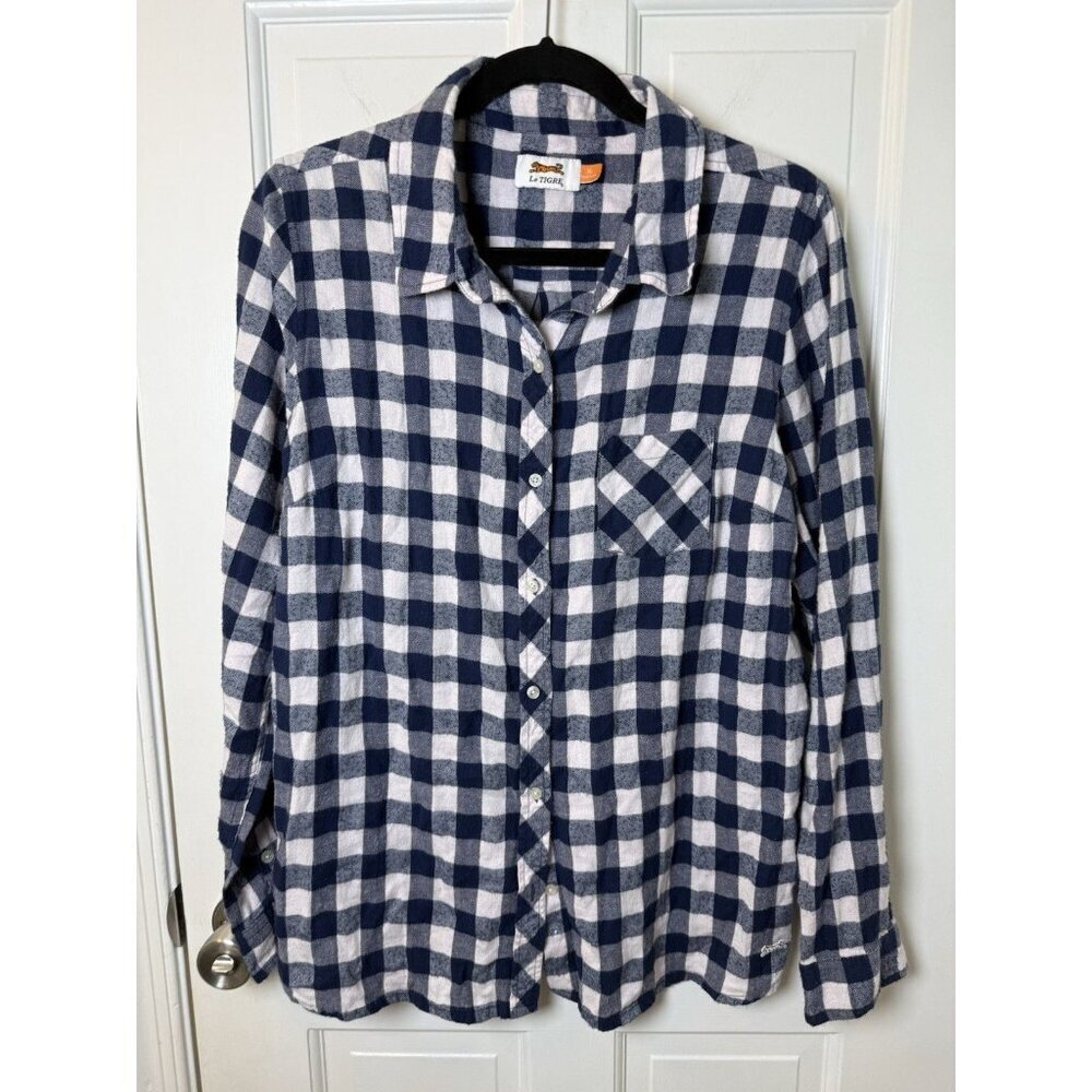 Le Tigre Blue & Pink Buffalo Plaid Cotton Women’s Flannel Size XL